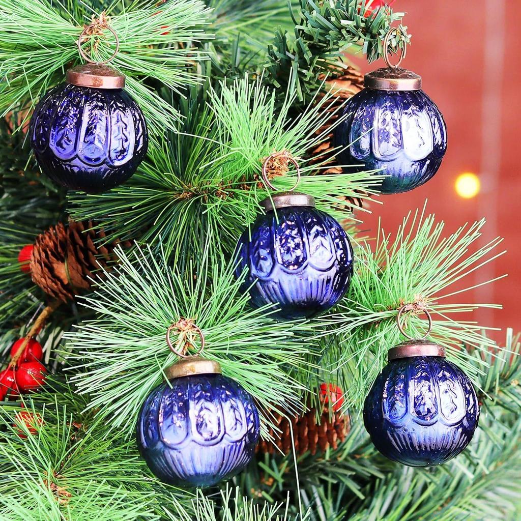 12 Vintage Mercury Large Christmas Ornaments Royal Blue Unique Glass Balls for Christmas Tree, Halloween, New Year, Valentine Day