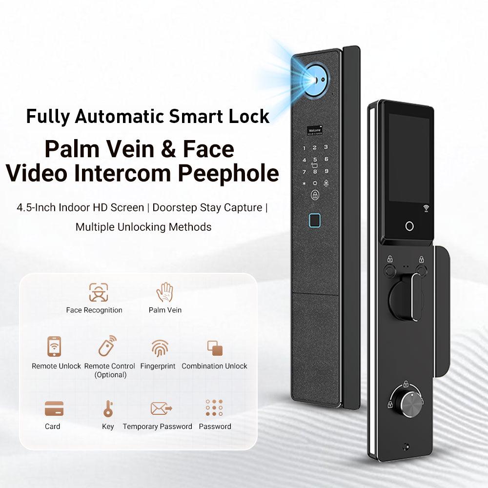 Cross-Border Smart Door Lock with 3D Face Recognition, Palm Vein, Password, Fingerprint Access, and Intercom.
