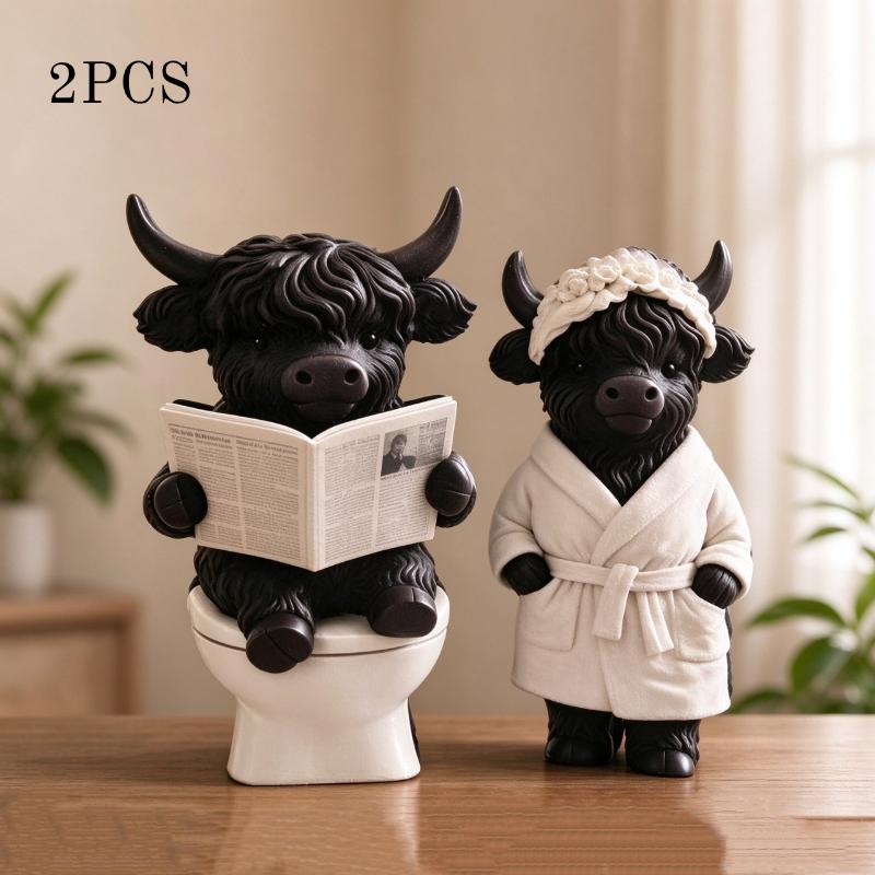 2Pcs 2D Flat Wooden Newspaper-Reading Cows Highland Cow Decorative Ornaments For Home Bedrooms Entryways Bookshelf Display
