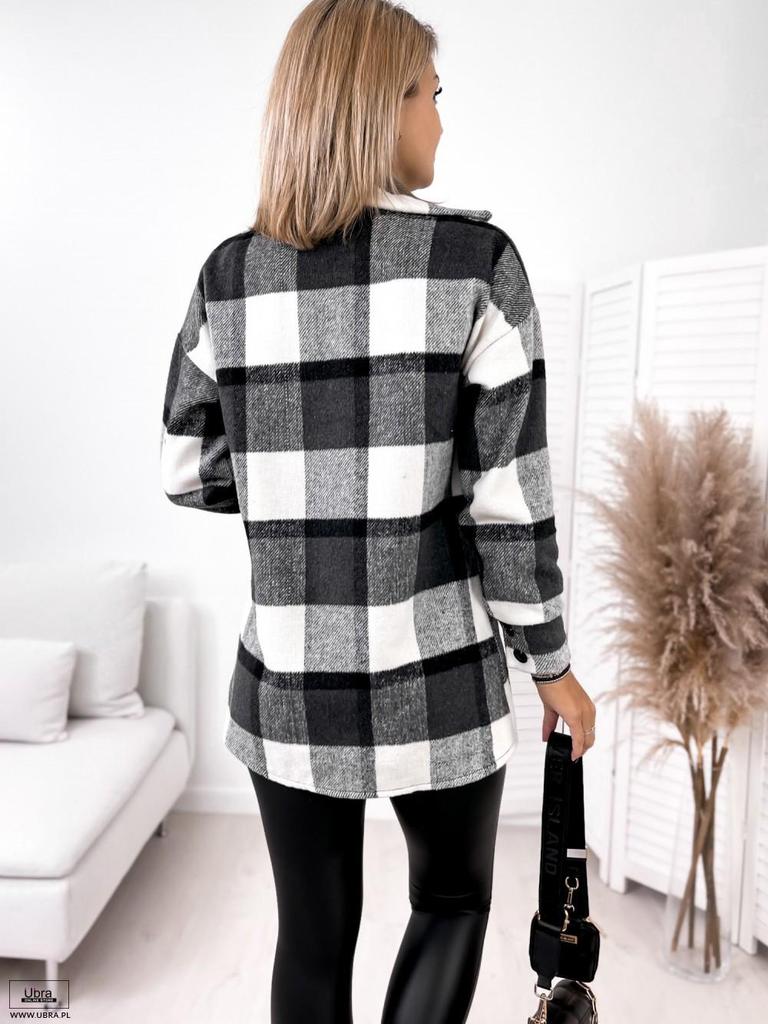 2021 Plaid Print Long Sleeve Woolen Coat with Shirt Collar