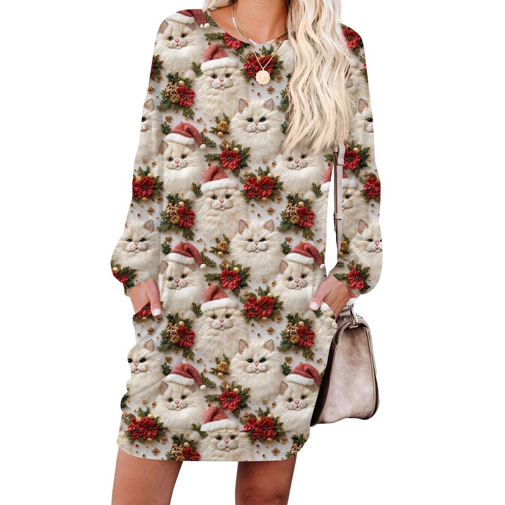 Damska modna sukienka z długim rękawem, z okrągłym dekoltem i kieszenią, w nadruk płatków śniegu