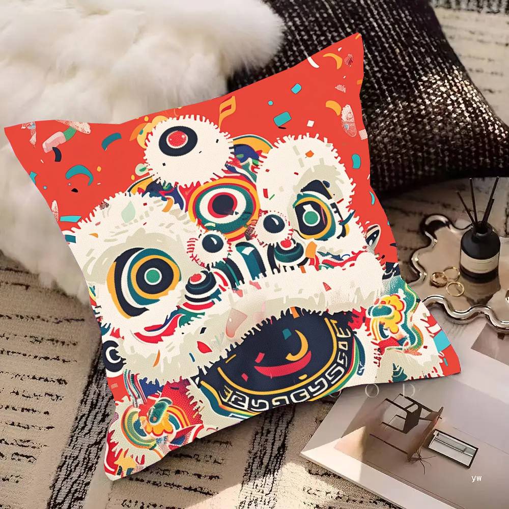 Classic Traditional Dancing Lion Animated Cartoon Pillow Case Fashion Square Pillowcase Bedroom Sofa Room Ins Decoration Leisure