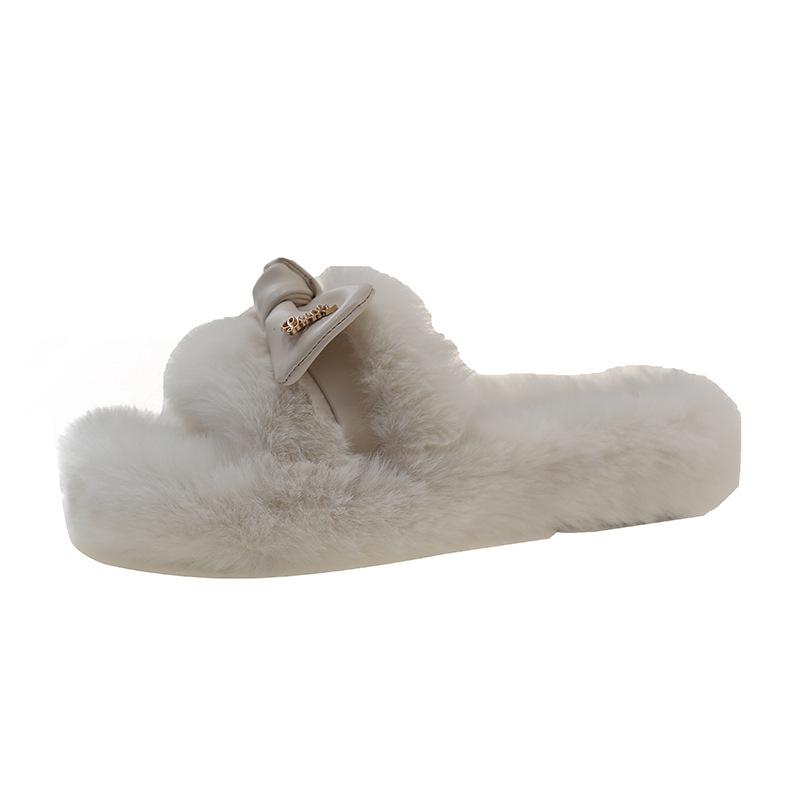 Foreign Trade Autumn and Winter Niche Design Sense Korean Version Flat-bottomed Versatile Fluffy Slippers Women's Bow Casual One-word Cotton Slippers