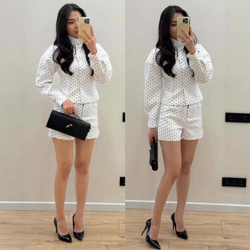 Spring and Autumn New European and American Women's Clothing Cross-border White Polka Dot Set Women's High Neck Waist Shirt Shorts Two-piece Set