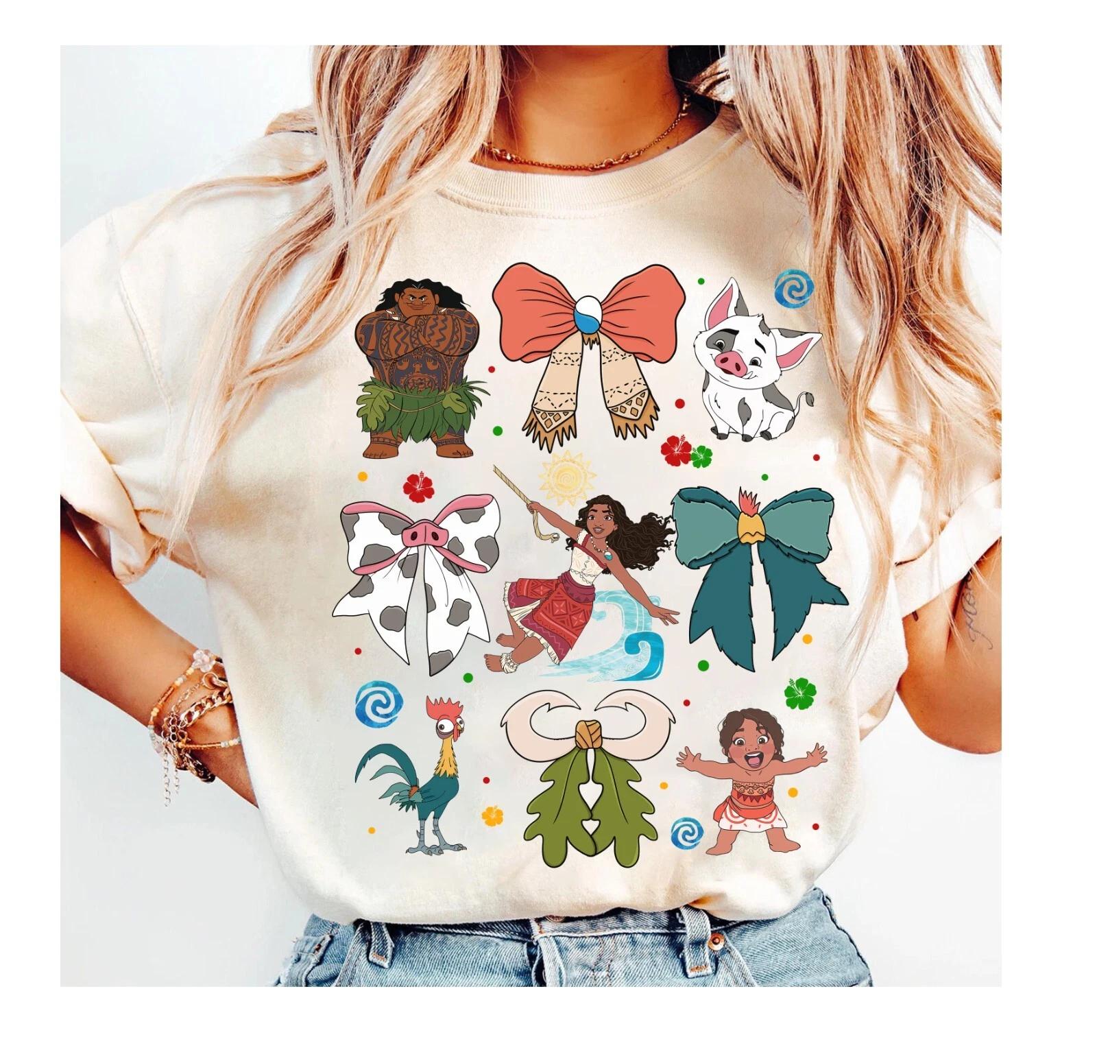 Moana Maui Hei Hei and Pua Coquette Bows Adult Shirts New Casual Fashion Unisex Streetwear S