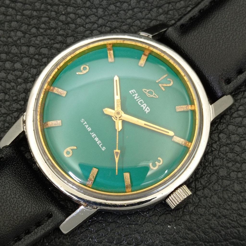 VINTAGE ENICAR STAR JEWELS HAND-WINDING 1140 SWISS MENS GREEN WATCH A702041-5 R208-a702041
