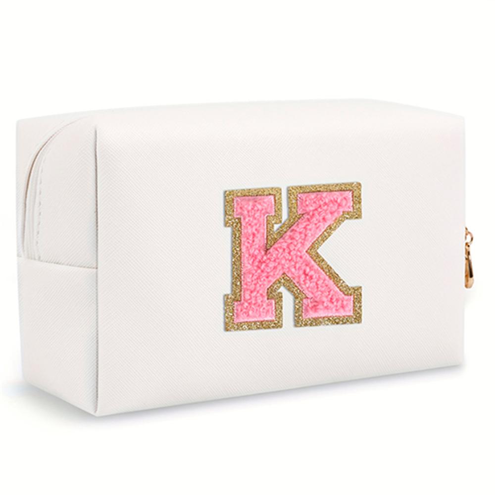 Premium Initial letter patch makeup bag Preppy portable zipper bag PU leather waterproof travel wash bagletter women's handbag-ll-LJX