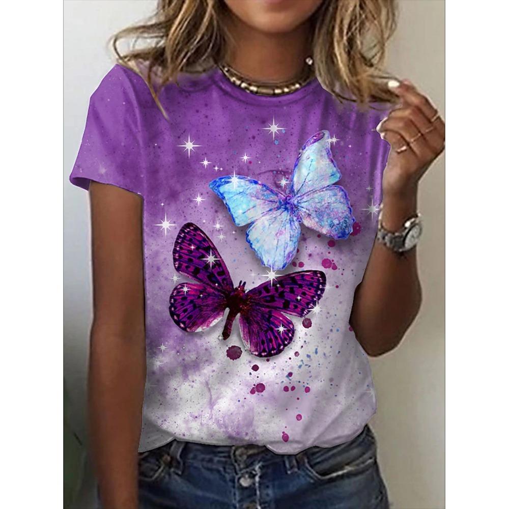 Nuova T-shirt Girocollo con Stampa 3D Farfalla T-shirt da Donna Moda Estiva Maniche Corte Top Oversize Estivo Abbigliamento Femminile