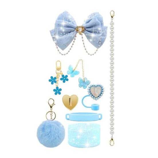 1 Set Tassenhülle Funkelnde Strasssteine Schleife Plüschball Dekoration Kunstperlen Lanyard Tassenzubehör mit Silikonboden-Schutz