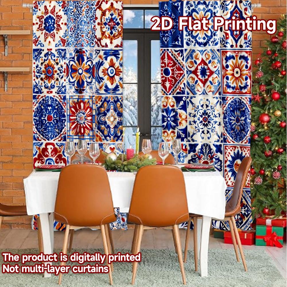 Set Of 2 Flat Printing Curtains Without Rod Colorful Tiles Festival Creative Fabric Decorations Outdoor Curtain Polyester