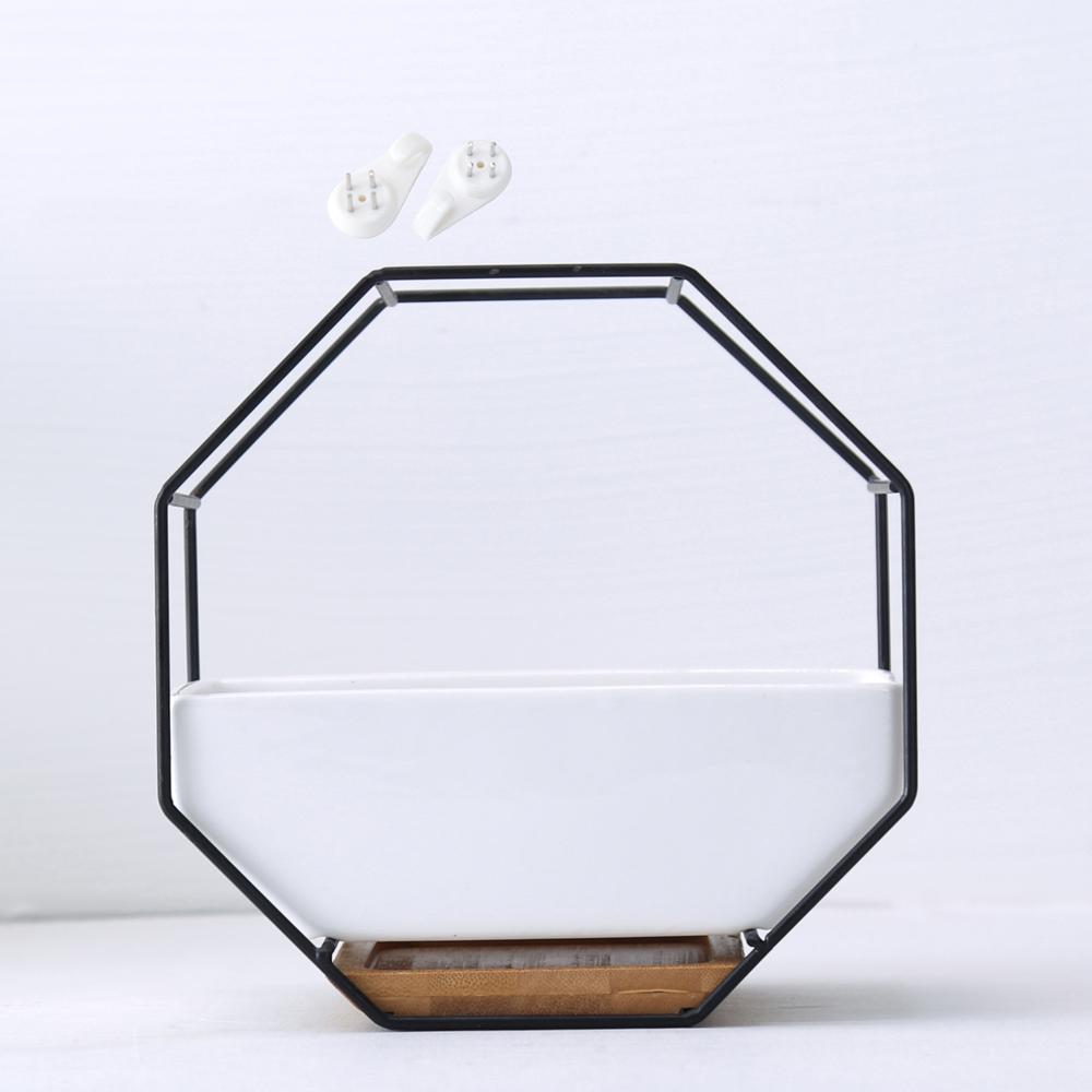 

Metal Iron Rack White Ceramic Planter Pot Simple Octagonal Geometric Wall Hanging Ceramic Flower Pot Bamboo Tray Iron Frame