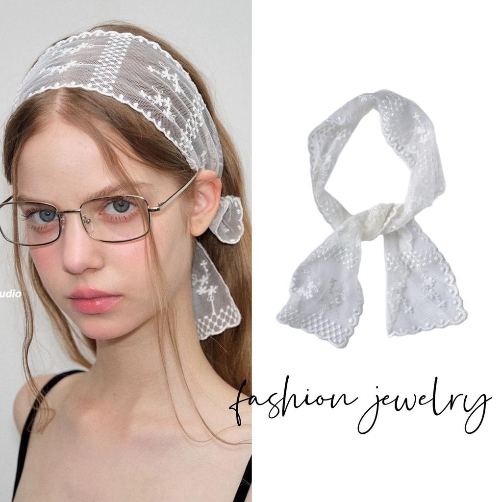 1pcs Cute Sweet Flower Lace Neck Strap Dressing Decoration Korean Style Hair Band Neckerchief Transparent Long Ribbon Head Scarf