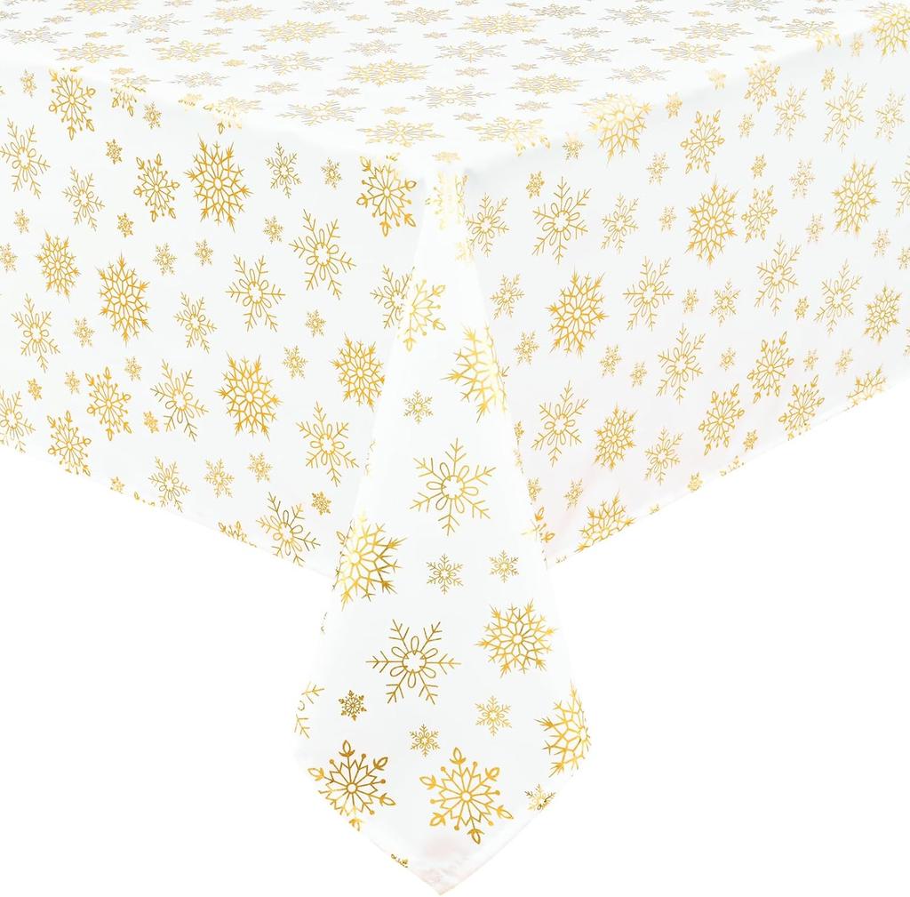 Weihnachts-Tischdecke Rund Wasserdicht Weiß Gold Schneeflocke Tischdecke, Waschbare Metallische Weihnachts-Tischdecke Spritzwassergeschützt Winter