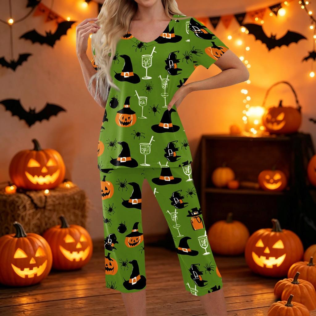 Women Two Piece Halloween Print Set Short Sleeve Top and Cropped Pants Casual Sportswear Outfit for Daily Wear Lounge Home