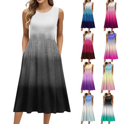 Damska modna, drukowana, okrągła, bez rękawów, swobodna, średniej długości sukienka typu pullover z kieszeniami