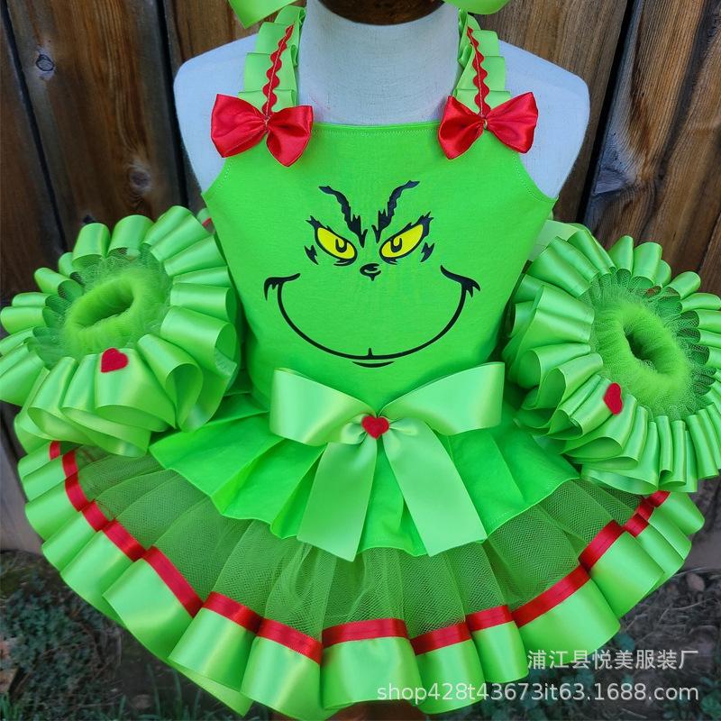 Christmas Costume Grinch Children's Dance Dress Christmas Dress Green Performance Dress Hairball Ballet Dress