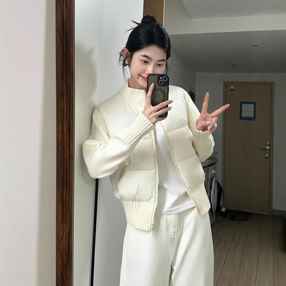 Winter new knitted sleeves splicing down jacket women's white duck down high-end slim fashion jacket