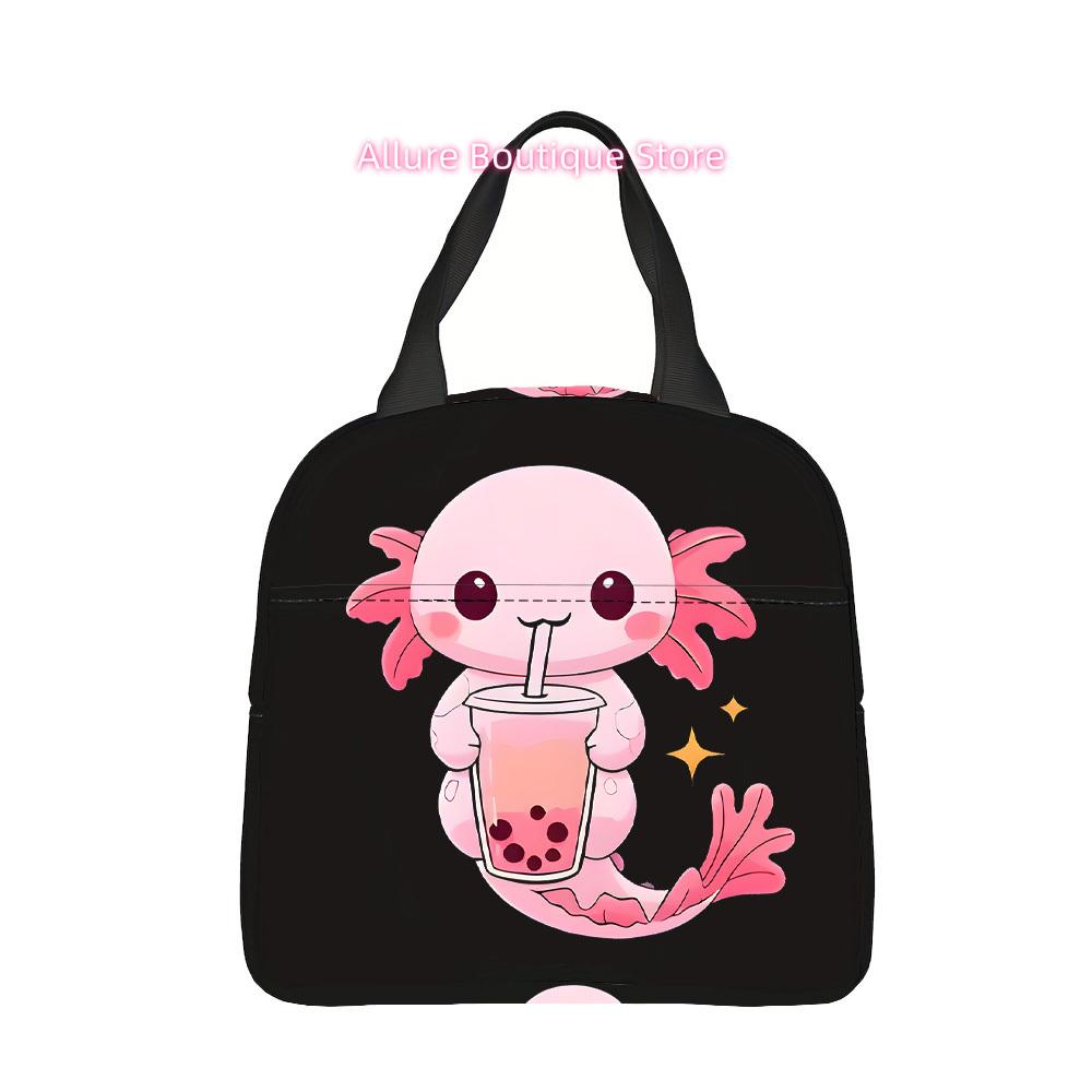 Adorable Axolotl Drinking Bubble Tea Lunch Bag - Durable Polyester, Mini Meal Carrier with Large Capacity, Perfect for Work, Sch