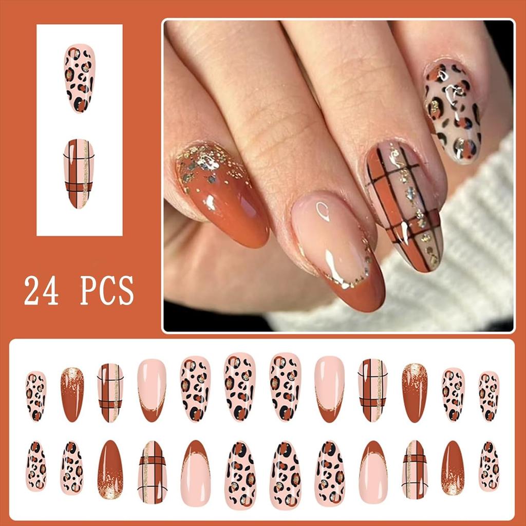 Glitter Leopard Print French Tip Press on Nails Medium Almond Fake Nails Gold Foils Brown Designs Cute Cheetah Print Lattice False Nails Fall Winter