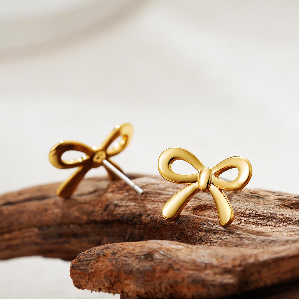 Minimalist Cute Large-Medium-Small Bow Earrings for Women Girls New Trendy Gold Plated Bowkont Ear Studs Piercing Jewelry Gift