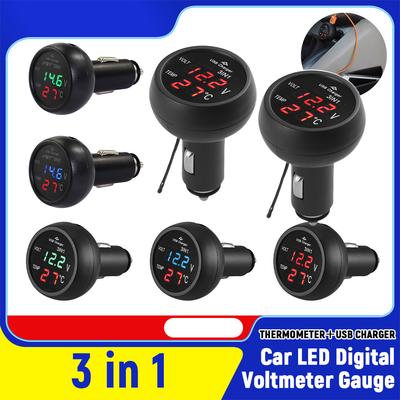 3 In 1 12/24V Car Auto LED Digital Voltmeter Gauge Thermometer USB Charger Monitor Display Charging for Phone Tablet GPS Parts