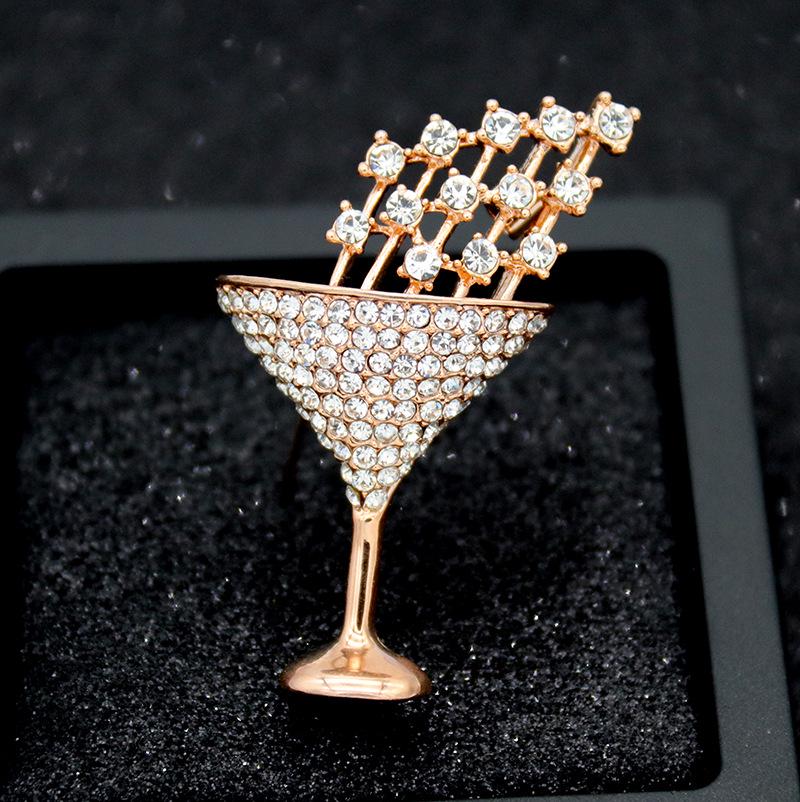 Stylish Cocktail Glass Rhinestone Brooch - Women's Creative Anti-Exposure Pin Accessory