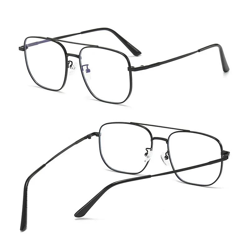 Blue Light Blocking Lens Eye Protection Eyeglasses Fashion Double Beam Metal Glasses Trend Retro Plain Face Eyewear Men