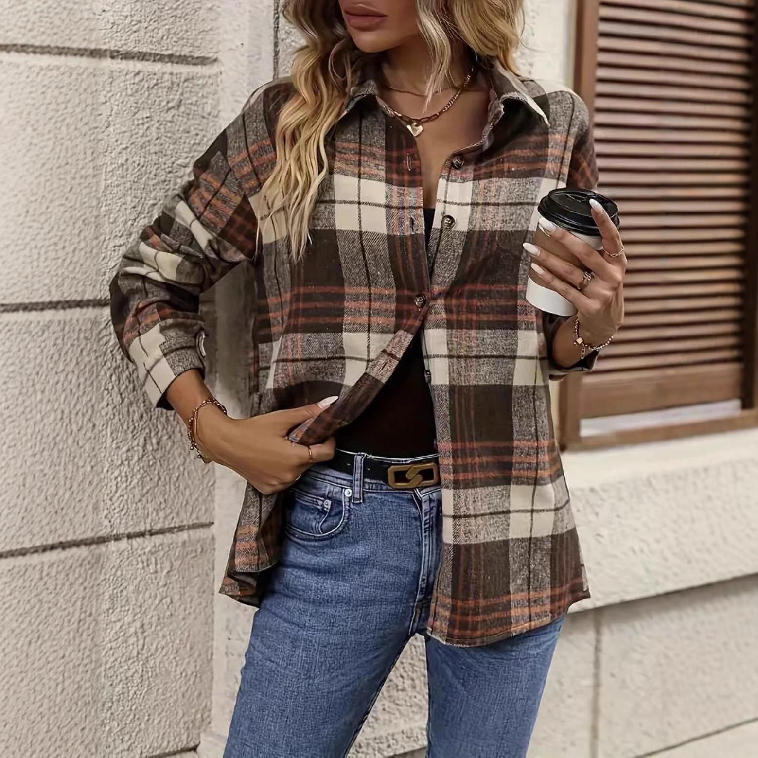 

Европейская и американская женская клетчатая рубашка-куртка с длинным рукавом - Свободный крой, Повседневная мода для осени и зимы Large коричневый