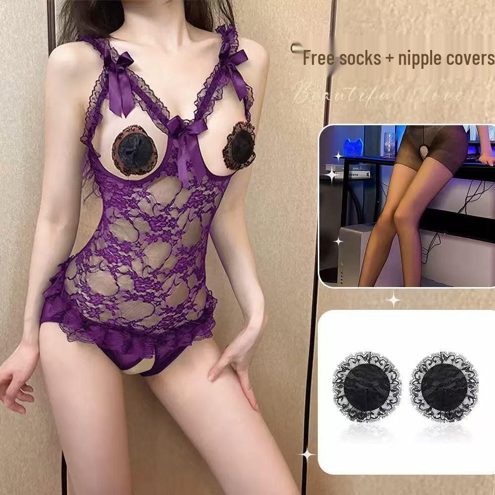 Purple Night Tide Romantic Lace Strappy Mesh Lingerie with Open Crotch