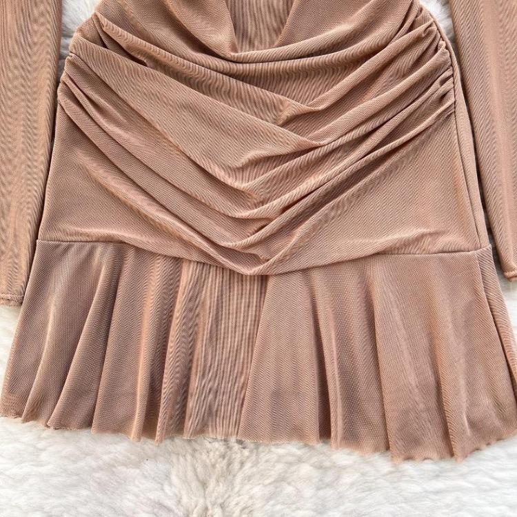 Women Casual Sleeve Long Neck V Solid Color Dress Waist High A Line Sheath Spring Elastic Mini