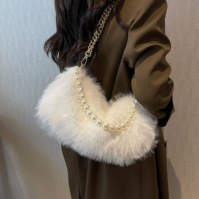 Autumn Winter Cute Plush Bag  New Women's Popular Pearl Chains Crossbody Solid Color Fashion Single Shoulder Fur Pack Korean