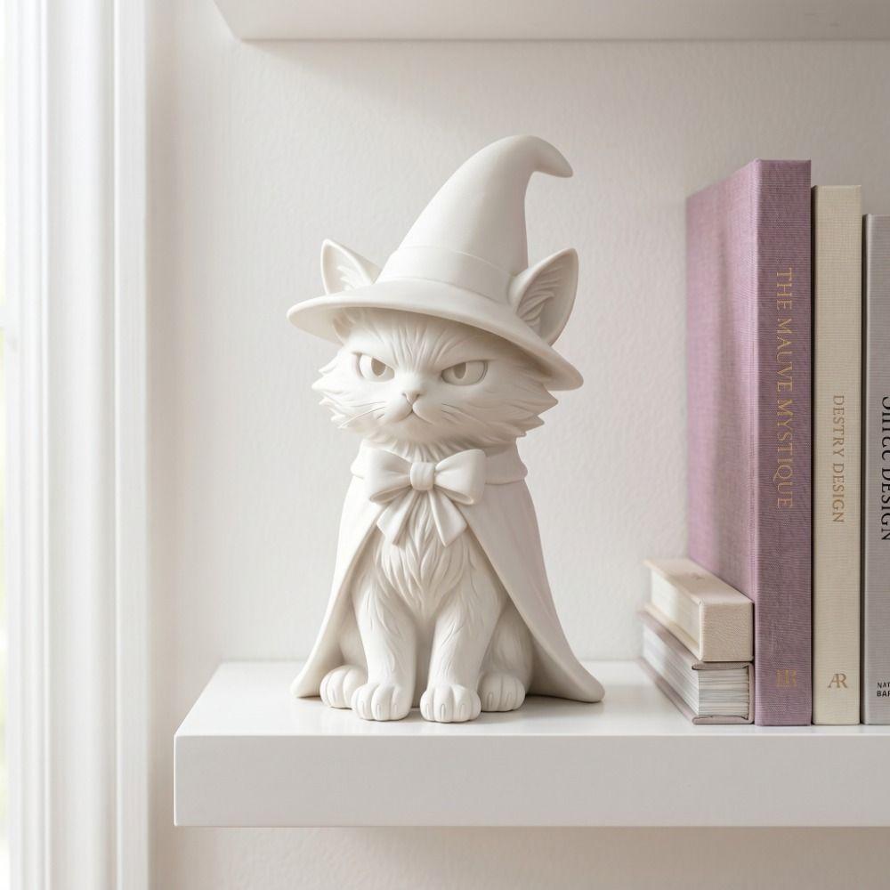 3D Printed Cat Witch Figurine Dark Style Halloween Decorations Cute Cat Statue Home Decor