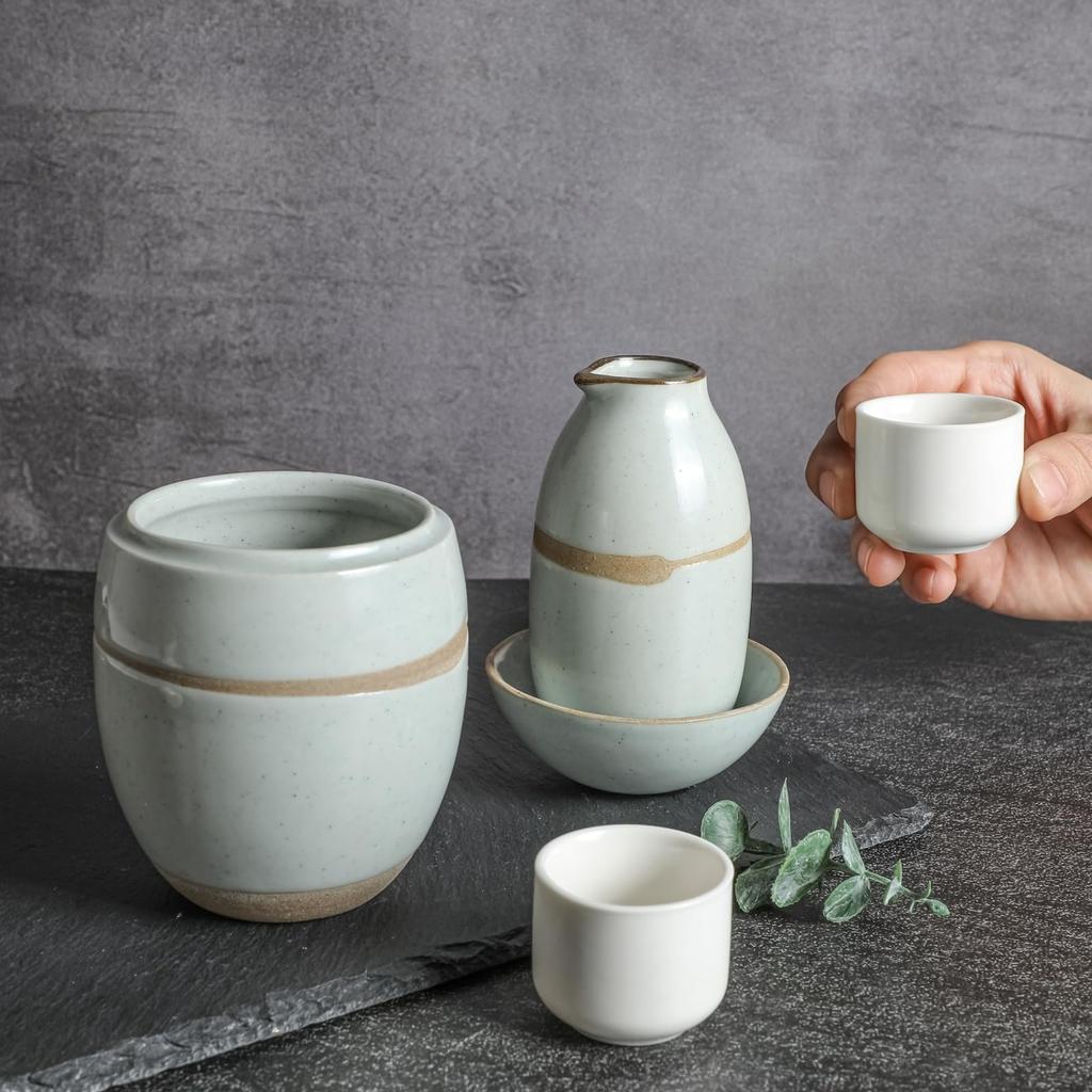 Sake and Hot Sake Set - Ceramic 5-Piece Set: 1 X 150ml Sake Carafe, 2 X 30ml Sake Cups, 1 X 350ml Sake Carafe, 1 X Sake Warmer, 1 X 70ml Lid. The Cara