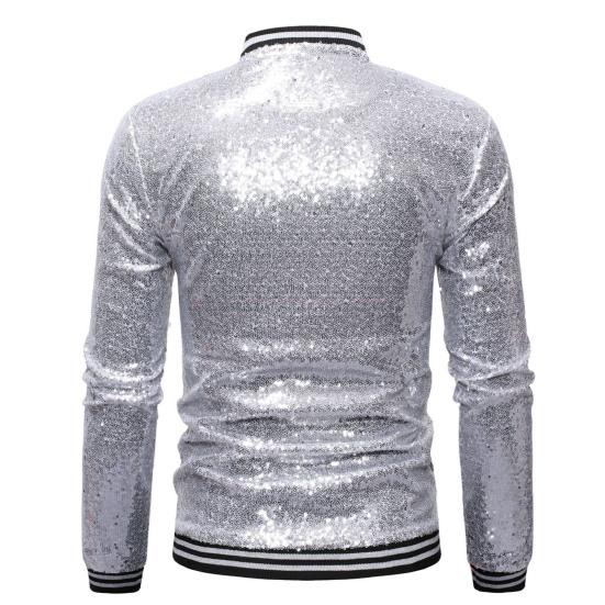 Men Sequin Jacket Stand Collar Shiny Long Sleeves Slim Fit Zipper Closure Cardigan Mid Length Stage Show Dance Performance Coat