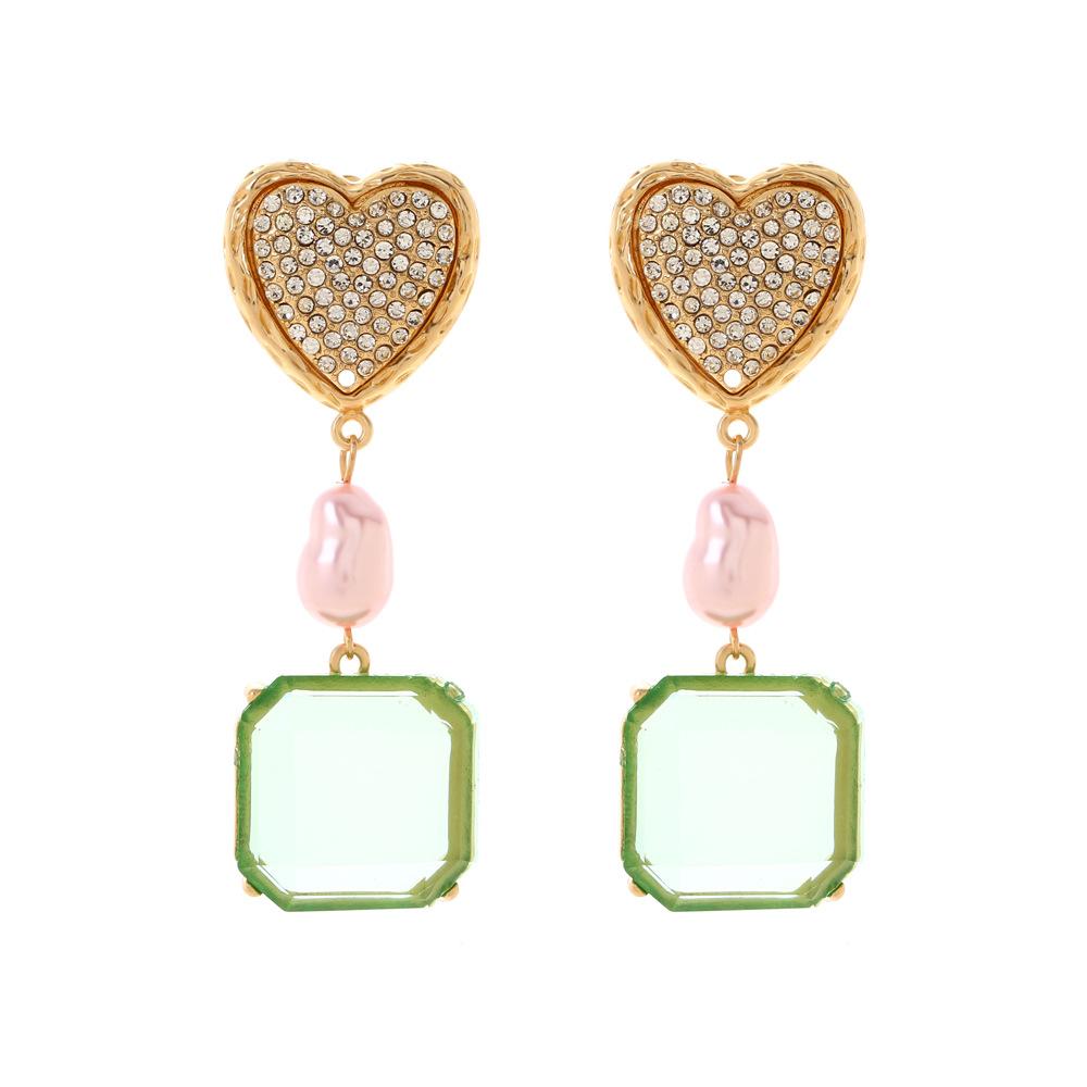 Metal Square Resin Heart Rhinestone Geometric Dangle Earrings Women s New Simple Elegant Design Zircon Party AccessoriesZAA золотой
