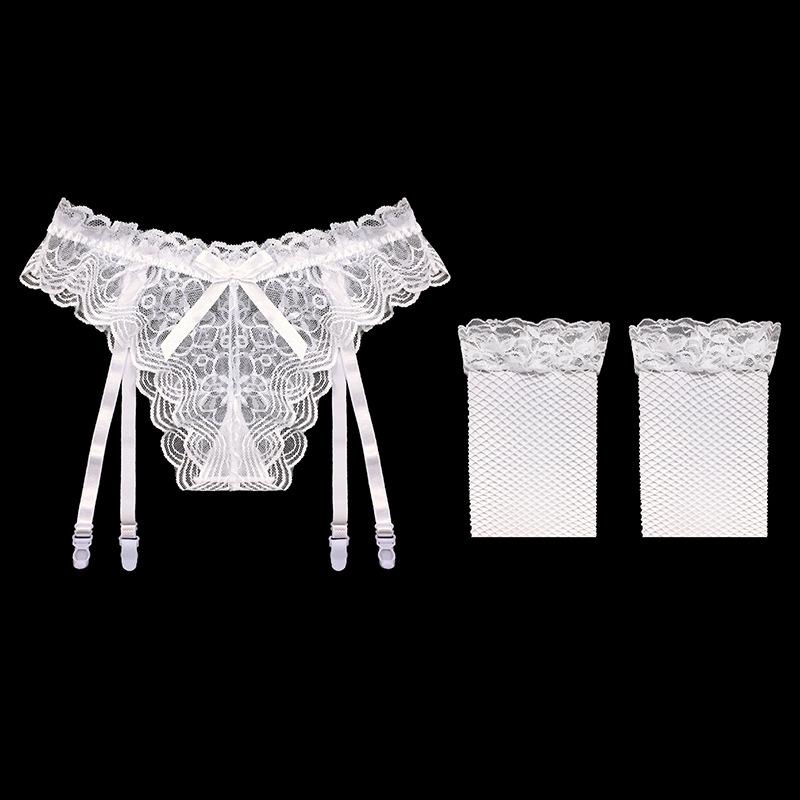 Full Lace Sexy Perspective Garter Stockings Set Ultra-thin Temptation Hot One-piece Garter Panties Women
