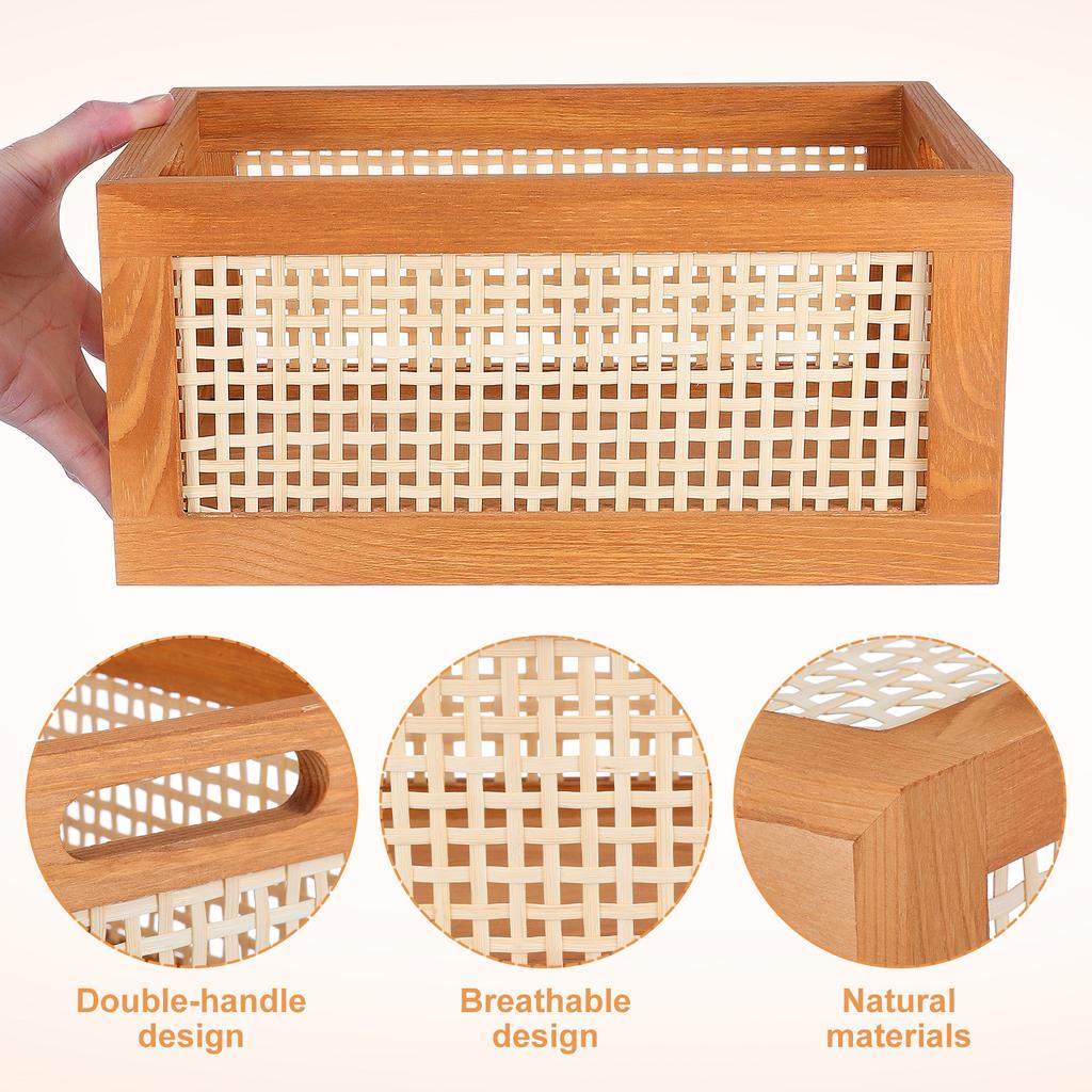 Wooden Woven Storage Basket Handmade Bamboo Desktop Box for Cosmetics Snacks Books Small Items Organizer Decorative