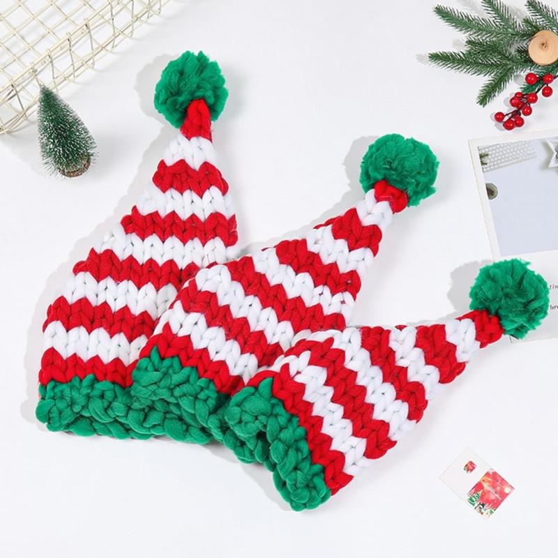 Crochet Christmas Santa Caps with Stripe Formal Event Santa Hats Festival Props Furry Warm Hat for Holiday Gathering Party