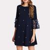 Fashion Women Sexy Wave Solid Point  Spliced Hollow Out Long Sleeve Dress