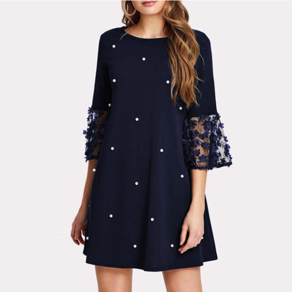 Fashion Women Sexy Wave Solid Point  Spliced Hollow Out Long Sleeve Dress