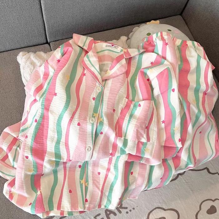 Women's Spring & Autumn Cloud Cotton Pajama Set - Thin Print & Embroidery, Loose Fit, Long Sleeve & Pants Home Wear.