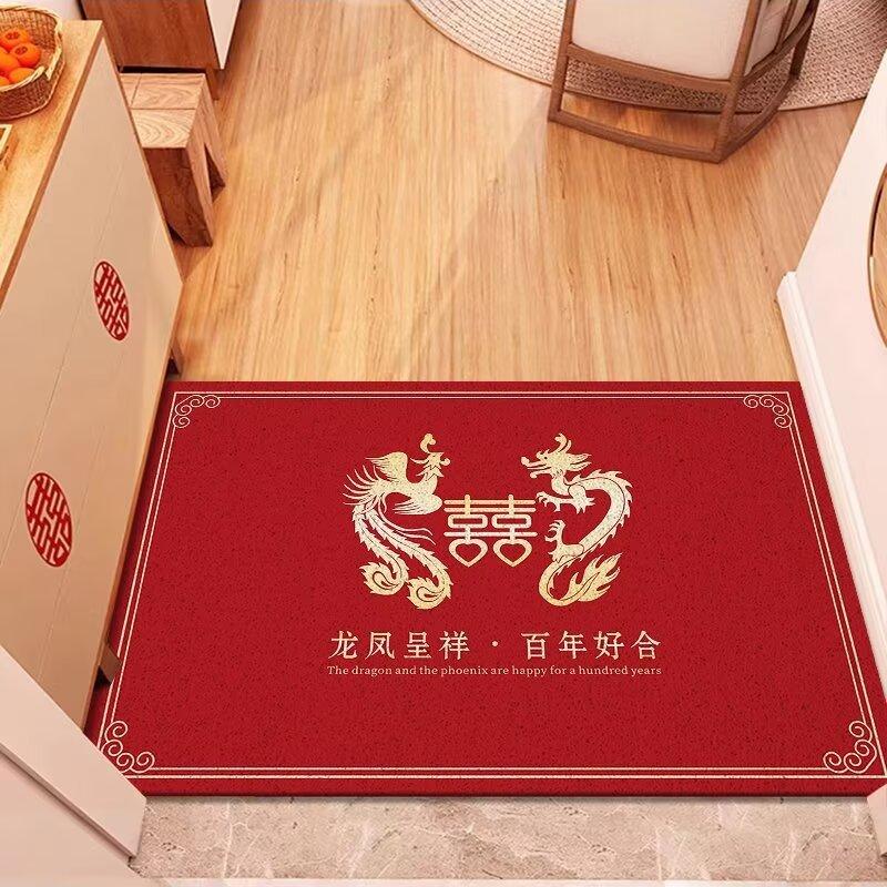 Tapis de sol en soie rouge pour porte d'entrée, nouvel an chinois, facile à nettoyer, en PVC