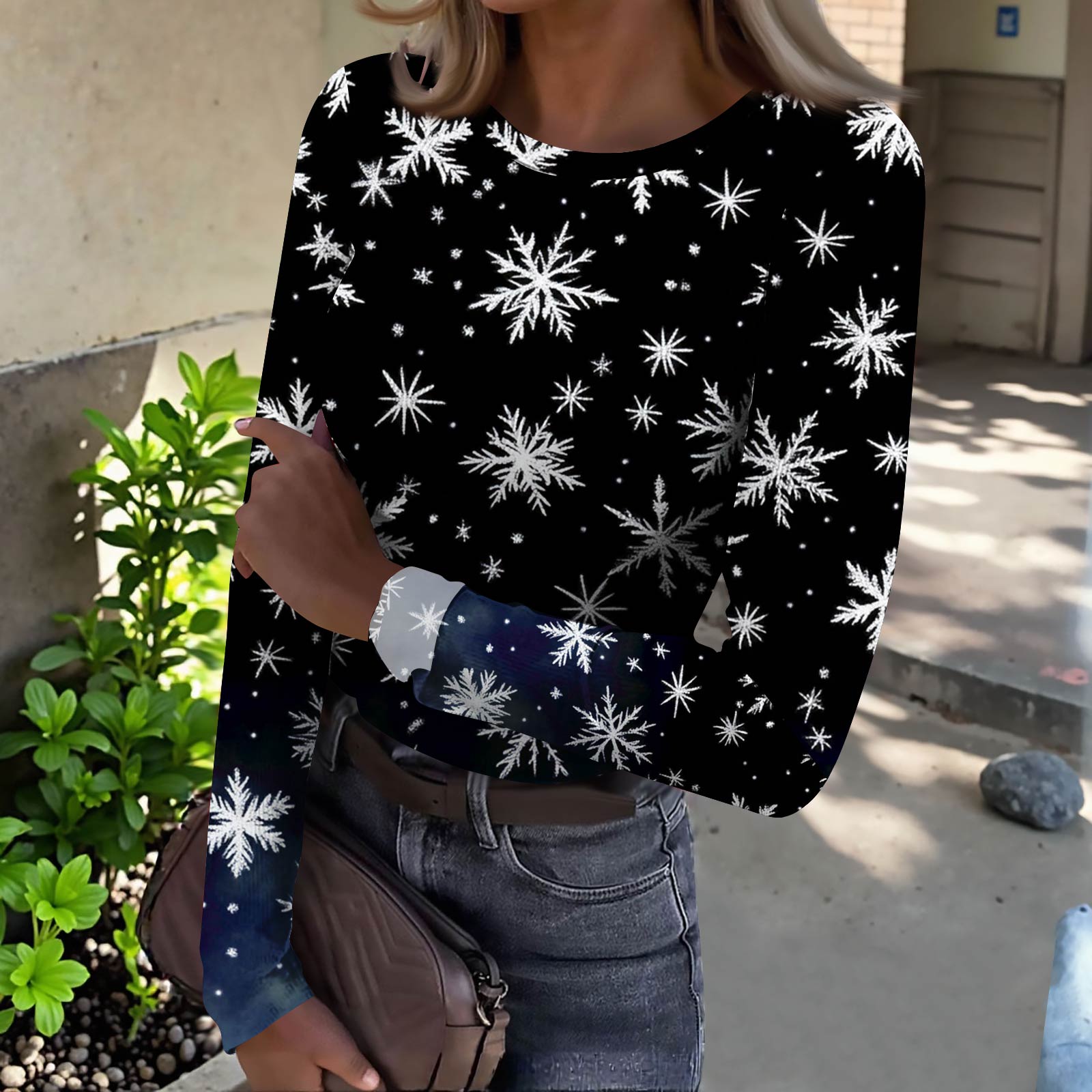 

Женская футболка с облегающим низом, модная повседневная с градиентным принтом, пуловер с круглым вырезом и длинными рукавами XL