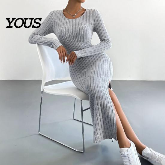 Daily Wear Autumn Dresses Women Round Neck Knitted Dress, Long Sleeve Pullover Sweater Formal Work Solid Color Stretchy Split Bodycon Dress for Winter