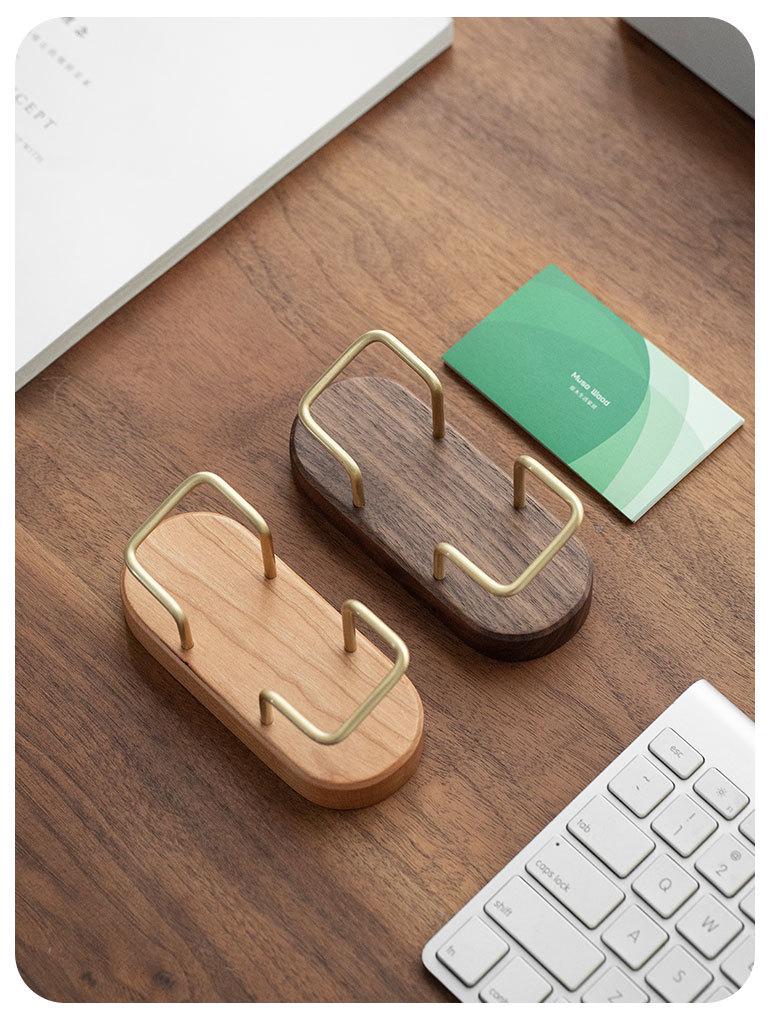 Ovale Massief Houten Visitekaarthouder met Messing Klem - Creatieve Minimalistische Kaartopbergdoos Standaard