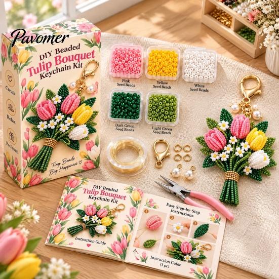 DIY Bouquet Keychain Set Handmade Flower Craft Set, Beaded Making Handicraft Material Pack Kit, Complete Kit for Bag Charm Decorative Pendant