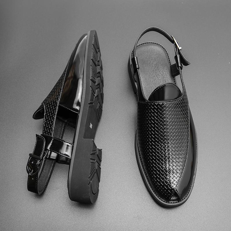 Fashion Men Classic Woven Leather Sandals PU Black Brown British Summer Breathable European and American Buckle Sandals 38-47 Men Sandal