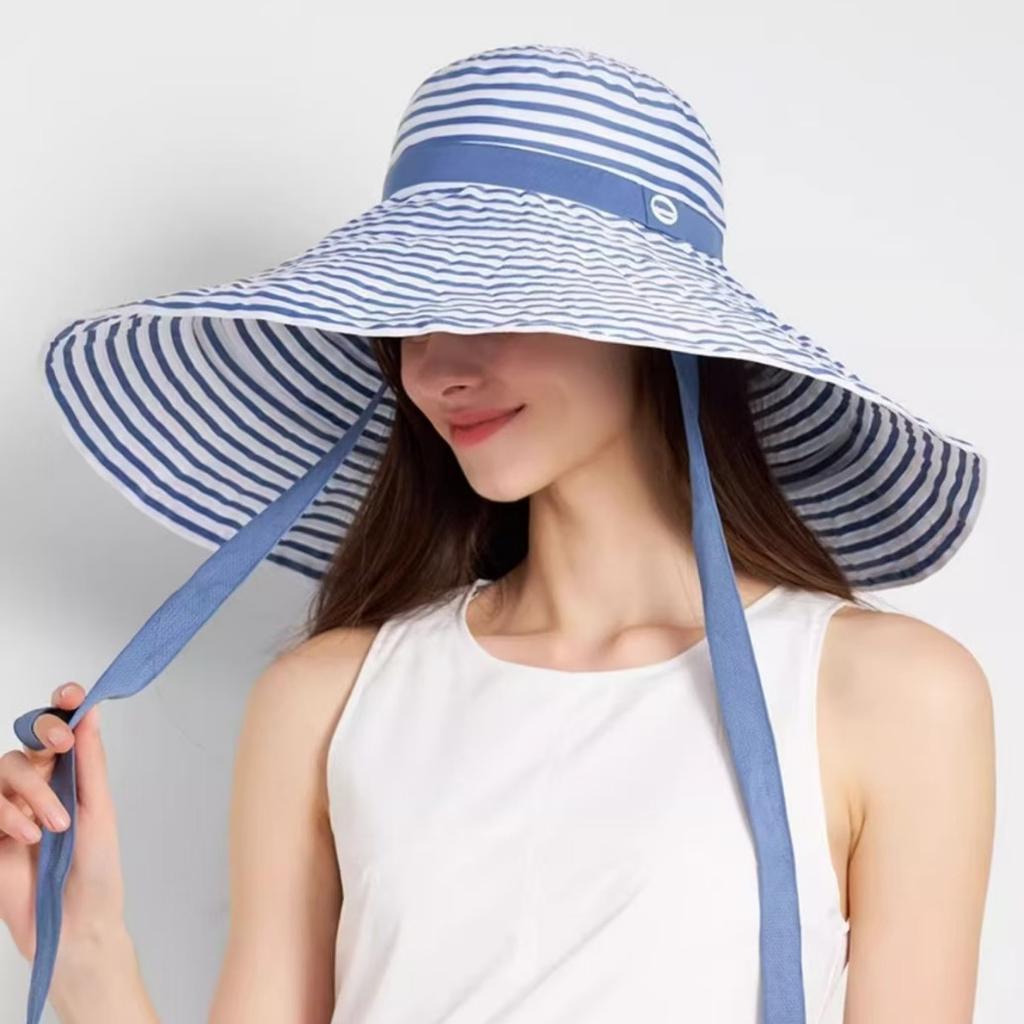 Korean-style summer outdoor travel fashion versatile striped wide-brimmed hat, women's foldable sun hat