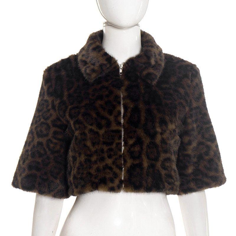 Collar Leopard Print Zipper Fur Top Fashionable Lapel Leopard Print Zip-Up Fur Top Brown S