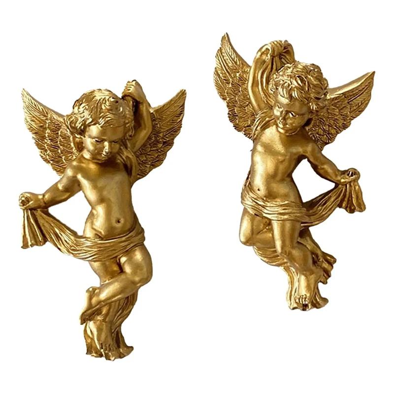 SHGO-Resin Angel Wall Adornment Golden Color Versatile For Wedding Decor Angelic Figure Sculptures